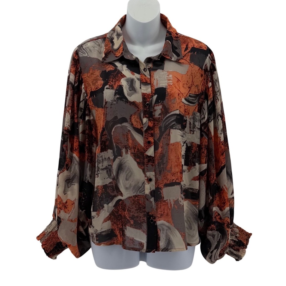 Ee:some Abstract Print Blouse Women Small Orange Grey Sheer Balloon Sleeve New
